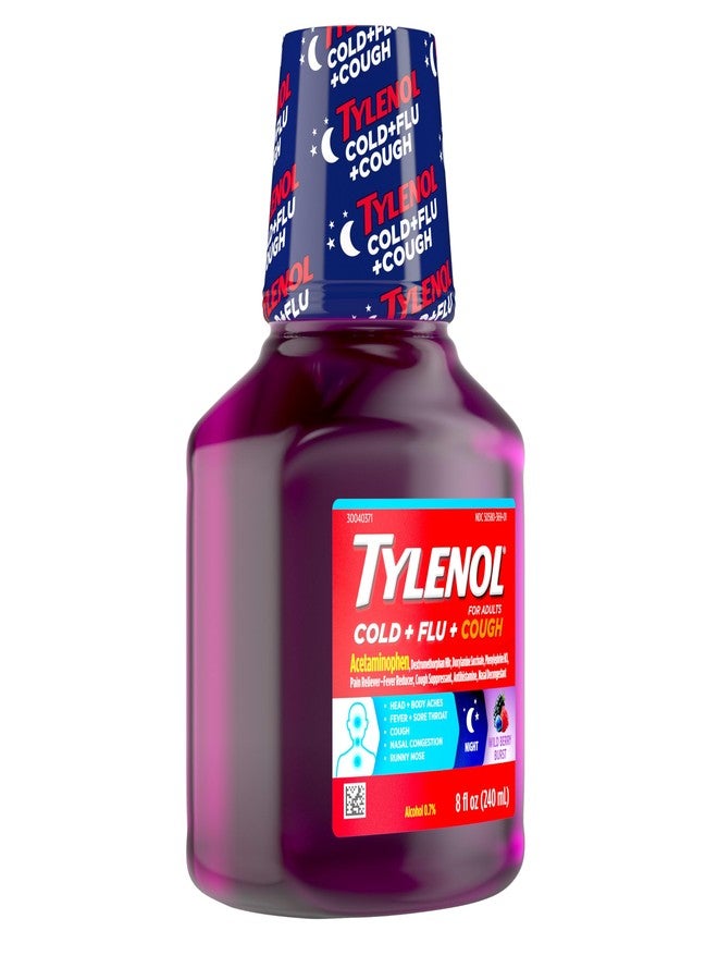 Tylenol Cold + Flu + Cough Night Liquid Medicine with Acetaminophen Pain Reliever & Fever Reducer, Cough Suppressant, Nasal Decongestant & Antihistamine, Wild Berry Burst Flavor, 8 fl. oz - Image 4